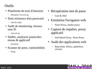 .RMLL 2018
Outils
●
Plateforme de tests d'intrusion
– Metasploit, Aircrack-ng
●
Tests résistence d'un password
– John the ripper
●
Audit de monitoring, réseaux
sans fil
– Aircrack-ng
●
Sniffer, analyseur protocoles
réseau & applicatif
– Wireshark
●
Scanner de ports, vulnérabilités
– Nmap
●
Récupération mot de passe
– Cain & Abel
●
Emulation Navigateur web
– Paros Proxy, charles proxy
●
Capture de requêtes, proxy
applicatif
– Zed Attack Proxy, Paros Proxy
●
Audit des applications web
– Burp Suite, Wfuzz, spiderfoot,
cerveau
 