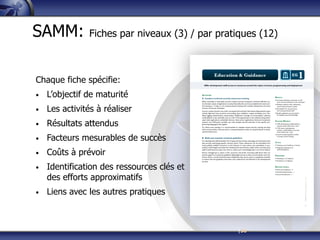 |30
SAMM: Fiches par niveaux (3) / par pratiques (12)
Chaque fiche spécifie:
• L’objectif de maturité
• Les activités à réaliser
• Résultats attendus
• Facteurs mesurables de succès
• Coûts à prévoir
• Identification des ressources clés et
des efforts approximatifs
• Liens avec les autres pratiques
 