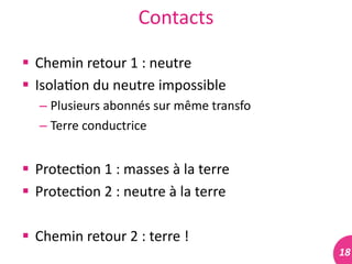 18	
  
Contacts	
  
 Chemin	
  retour	
  1	
  :	
  neutre	
  
 Isola#on	
  du	
  neutre	
  impossible	
  
– Plusieurs	
  abonnés	
  sur	
  même	
  transfo	
  
– Terre	
  conductrice	
  
 Protec#on	
  1	
  :	
  masses	
  à	
  la	
  terre	
  
 Protec#on	
  2	
  :	
  neutre	
  à	
  la	
  terre	
  
 Chemin	
  retour	
  2	
  :	
  terre	
  !	
  
 