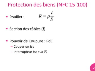 7	
  
Protec#on	
  des	
  biens	
  (NFC	
  15-­‐100)	
  
 Pouillet	
  :	
  
 Sec#on	
  des	
  câbles	
  (!)	
  
 Pouvoir	
  de	
  Coupure	
  :	
  PdC	
  
– Couper	
  un	
  Icc	
  
– Interrupteur	
  Icc	
  =	
  In	
  	
  
 