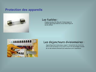 Protection des appareils
Les fusibles :
Organe de sécurité rôle est d'interrompre le
courant électrique dans le circuit électrique en
cas de défaut
Les disjoncteurs divisionnaires :
Appareillage électromécanique coupant l'alimentation du circuit à la
suite d'une surcharge ou d'un court-circuit afin de protéger la durée
de vie des isolants entourant les conducteurs de la canalisation.
 