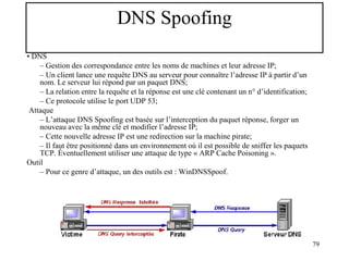DNS Spoofing
• DNS
– Gestion des correspondance entre les noms de machines et leur adresse IP;
– Un client lance une requête DNS au serveur pour connaître l’adresse IP à partir d’un
nom. Le serveur lui répond par un paquet DNS;
– La relation entre la requête et la réponse est une clé contenant un n° d’identification;
– Ce protocole utilise le port UDP 53;
Attaque
– L’attaque DNS Spoofing est basée sur l’interception du paquet réponse, forger un
nouveau avec la même clé et modifier l’adresse IP;
– Cette nouvelle adresse IP est une redirection sur la machine pirate;
– Il faut être positionné dans un environnement où il est possible de sniffer les paquets
TCP. Éventuellement utiliser une attaque de type « ARP Cache Poisoning ».
Outil
– Pour ce genre d’attaque, un des outils est : WinDNSSpoof.

79

 
