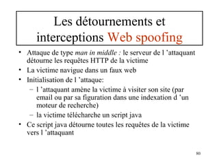 Les détournements et
interceptions Web spoofing
• Attaque de type man in middle : le serveur de l ’attaquant
détourne les requêtes HTTP de la victime
• La victime navigue dans un faux web
• Initialisation de l ’attaque:
– l ’attaquant amène la victime à visiter son site (par
email ou par sa figuration dans une indexation d ’un
moteur de recherche)
– la victime télécharche un script java
• Ce script java détourne toutes les requêtes de la victime
vers l ’attaquant
80

 
