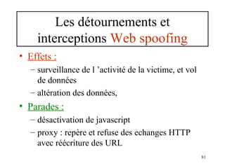 Les détournements et
interceptions Web spoofing
• Effets :
– surveillance de l ’activité de la victime, et vol
de données
– altération des données,

• Parades :
– désactivation de javascript
– proxy : repère et refuse des echanges HTTP
avec réécriture des URL
81

 