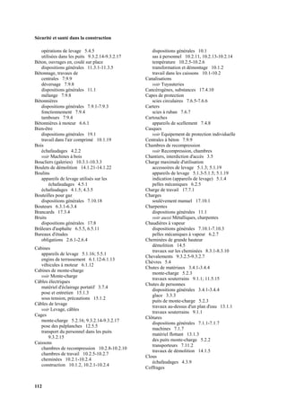 Sécurité et santé dans la construction
112
opérations de levage 5.4.5
utilisées dans les puits 9.3.2.14-9.3.2.17
Béton, ouvrages en, coulé sur place
dispositions générales 11.3.1-11.3.5
Bétonnage, travaux de
centrales 7.9.9
déversage 7.9.8
dispositions générales 11.1
mélange 7.9.8
Bétonnières
dispositions générales 7.9.1-7.9.3
fonctionnement 7.9.4
tambours 7.9.4
Bétonnières à moteur 6.6.1
Bien-être
dispositions générales 19.1
travail dans l'air comprimé 10.1.19
Bois
échafaudages 4.2.2
voir Machines à bois
Boucliers (galeries) 10.3.1-10.3.3
Boulets de démolition 14.1.21-14.1.22
Boulins
appareils de levage utilisés sur les
échafaudages 4.5.1
échafaudages 4.1.5; 4.3.5
Bouteilles pour gaz
dispositions générales 7.10.18
Bouteurs 6.3.1-6.3.4
Brancards 17.3.4
Bruits
dispositions générales 17.8
Brûleurs d'asphalte 6.5.5, 6.5.11
Bureaux d'études
obligations 2.6.1-2.6.4
Cabines
appareils de levage 5.1.16; 5.5.1
engins de terrassement 6.1.12-6.1.13
véhicules à moteur 6.1.12
Cabines de monte-charge
voir Monte-charge
Câbles électriques
matériel d'éclairage portatif 3.7.4
pose et entretien 15.1.3
sous tension, précautions 15.1.2
Câbles de levage
voir Levage, câbles
Cages
monte-charge 5.2.16; 9.3.2.14-9.3.2.17
pose des palplanches 12.5.5
transport du personnel dans les puits
9.3.2.15
Caissons
chambres de recompression 10.2.8-10.2.10
chambres de travail 10.2.5-10.2.7
cheminées 10.2.1-10.2.4
construction 10.1.2, 10.2.1-10.2.4
dispositions générales 10.1
sas à personnel 10.2.11, 10.2.13-10.2.14
température 10.2.5-10.2.6
transformation et démontage 10.1.2
travail dans les caissons 10.1-10.2
Canalisations
voir Tuyauteries
Cancérogènes, substances 17.4.10
Capes de protection
scies circulaires 7.6.5-7.6.6
Carters
scies à ruban 7.6.7
Cartouches
appareils de scellement 7.4.8
Casques
voir Equipement de protection individuelle
Centrales à béton 7.9.9
Chambres de recompression
voir Recompression, chambres
Chantiers, interdiction d'accès 3.5
Charge maximale d'utilisation
accessoires de levage 5.1.3; 5.1.19
appareils de levage 5.1.3-5.1.5; 5.1.19
indication (appareils de levage) 5.1.4
pelles mécaniques 6.2.5
Charge de travail 17.7.1
Charges
soulèvement manuel 17.10.1
Charpentes
dispositions générales 11.1
voir aussi Métalliques, charpentes
Chaudières à vapeur
dispositions générales 7.10.1-7.10.3
pelles mécaniques à vapeur 6.2.7
Cheminées de grande hauteur
démolition 14.5
travaux sur les cheminées 8.3.1-8.3.10
Chevalements 9.3.2.5-9.3.2.7
Chèvres 5.4
Chutes de matériaux 3.4.1-3.4.4
monte-charge 5.2.3
travaux souterrains 9.1.1; 11.5.15
Chutes de personnes
dispositions générales 3.4.1-3.4.4
glace 3.3.3
puits de monte-charge 5.2.3
travaux au-dessus d'un plan d'eau 13.1.1
travaux souterrains 9.1.1
Clôtures
dispositions générales 7.1.1-7.1.7
machines 7.1.7
matériel flottant 13.1.3
des puits monte-charge 5.2.2
transporteurs 7.11.2
travaux de démolition 14.1.5
Clous
échafaudages 4.3.9
Coffrages
 
