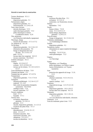 Sécurité et santé dans la construction
120
Terrain, éboulement 9.3.1.1
Terrassements
dispositions générales 9.1
Terrassement, engins
dispositions générales 6.1
fonctionnement 6.1.13-6.1.19
Terre, mise à la terre
derricks électriques 5.3.3
outils électriques portatifs 7.5.2
pelles mécaniques à moteur
à combustion interne 6.2.8
Tête, protection
voir Protection individuelle, équipement
Thermique, charge
mesures de prévention 17.7.1-17.7.2
Tir, préposés au 14.1.19
Tir de mines
dispositions générales 16.1.3-16.1.12
élimination des poussières 9.8
forage et chargement des trous
de mine 16.1.13-16.1.14
puits 9.3.2.4
travaux dans l'air comprimé 10.3.13
travaux souterrains 9.6.2-9.6.5
Toilettes chimiques 19.3.1
Toitures
fragiles 8.2.12-8.2.17
en pente 8.2.5, 8.2.9-8.2.10
travaux sur les toitures 8.1.1-8.1.4, 8.2.1-
8.2.17
Tours distributrices de béton 7.9.9
Transport par bateau 13.2
Transport par rail, galeries 9.7.1-9.7.6
Transporteurs
dispositions générales 7.11.1-7.11.6
Transports
éléments préfabriqués 11.2.16-11.2.17
explosifs 9.5, 16.2
lutte contre les poussières (transports
souterrains) 9.8.5-9.8.6
outillage à main 7.2.4
travaux souterrains 9.7
Travail, conditions
froid 17.7.1
humidité 17.7.1
Travail, lieux
en hauteur, dispositions
générales 8.1.2-8.1.4
glissants 3.3.3
sécurité, dispositions générales 3.1.1-3.1.2
au-dessus des plans d'eau 13.1.3
Travailleurs
dénombrement 12.4.10; 13.1.13
droits 2.5.1-2.5.7
formation (sécurité) 20.1
instructions (sécurité) 20.1
obligations 2.5.1-2.5.7
travaux de démolition 14.1.6
Travaux
au-dessus d'un plan d'eau 13.1
en hauteur 8.1.1-8.1.4
souterrains; voir Souterrains, travaux
Trémies
bétonnières 7.9.2
Treuils
bennes à béton 7.9.10
mines 9.3.2.12-9.3.2.13
monte-charge, dispositions
générales 5.2.9-5.2.11
Trous de mines
forage et chargement 16.1.13-16.1.14
Tubulaires, échafaudages
voir Echafaudages tubulaires
Tunnels
dispositions générales 9.1
Tuyauteries, tuyaux
alimentation en vapeur (matériel de battage)
12.1.9
bétonnage 7.9.13-7.9.14
outils pneumatiques 7.3.2
Urgence
voir Sauvetage
Vapeur
chaudières; voir Chaudières
pelles mécaniques; voir Pelles à vapeur
tuyaux d'alimentation; voir Tuyaux,
tuyauteries
Vent
protection des appareils de levage 5.1.9;
5.5.3
Ventilation
chantiers souterrains 9.3.3.1-9.3.3.3;
9.3.1.6
espaces confinés 3.6.5
Ventouses
dispositifs de levage 11.5.17-11.5.18
Vestiaires
dispositions générales 19.5.1-19.5.3
travaux dans l'air comprimé 10.1.19
Vêtements
dispositions générales 18.1.1-18.1.2;
18.1.5; 18.2.1
voir aussi Protection individuelle, vêtements
Vibrations 17.8
Voies de roulement, grues à tour 5.5.5
 
