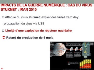IMPACTS DE LA GUERRE NUMÉRIQUE : CAS DU VIRUS
STUXNET : IRAN 2010
 Attaque du virus stuxnet: exploit des failles zero day:
propagation du virus via USB
 Limité d’une explosion du réacteur nucléaire
 Retard du production de 4 mois
10
 