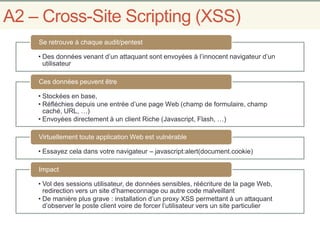 A2 – Cross-Site Scripting (XSS)
• Des données venant d’un attaquant sont envoyées à l’innocent navigateur d’un
utilisateur
Se retrouve à chaque audit/pentest
• Stockées en base,
• Réfléchies depuis une entrée d’une page Web (champ de formulaire, champ
caché, URL, …)
• Envoyées directement à un client Riche (Javascript, Flash, …)
Ces données peuvent être
• Essayez cela dans votre navigateur – javascript:alert(document.cookie)
Virtuellement toute application Web est vulnérable
• Vol des sessions utilisateur, de données sensibles, réécriture de la page Web,
redirection vers un site d’hameconnage ou autre code malveillant
• De manière plus grave : installation d’un proxy XSS permettant à un attaquant
d’observer le poste client voire de forcer l’utilisateur vers un site particulier
Impact
 