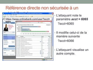 Référence directe non sécurisée à un
objet illustrée • L’attaquant note le
paramètre acct = 6065
?acct=6065
• Il modifie celui-ci de la
manière suivante
?acct=6066
• L’attaquant visualise un
autre compte.
https://www.onlinebank.com/user?acct=
6065
 