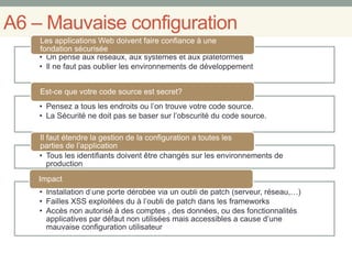 A6 – Mauvaise configuration
• On pense aux réseaux, aux systèmes et aux plateformes
• Il ne faut pas oublier les environnements de développement
Les applications Web doivent faire confiance à une
fondation sécurisée
• Pensez a tous les endroits ou l’on trouve votre code source.
• La Sécurité ne doit pas se baser sur l’obscurité du code source.
Est-ce que votre code source est secret?
• Tous les identifiants doivent être changés sur les environnements de
production
Il faut étendre la gestion de la configuration a toutes les
parties de l’application
• Installation d’une porte dérobée via un oubli de patch (serveur, réseau,…)
• Failles XSS exploitées du à l’oubli de patch dans les frameworks
• Accès non autorisé à des comptes , des données, ou des fonctionnalités
applicatives par défaut non utilisées mais accessibles a cause d’une
mauvaise configuration utilisateur
Impact
 