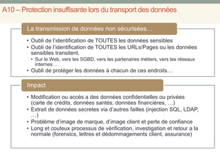 A10 – Protection insuffisante lors du transport des données
• Oubli de l’identification de TOUTES les données sensibles
• Oubli de l’identification de TOUTES les URLs/Pages ou les données
sensibles transitent.
• Sur le Web, vers les SGBD, vers les partenaires métiers, vers les réseaux
internes…
• Oubli de protéger les données à chacun de ces endroits…
La transmission de données non sécurisées…
• Modification ou accès a des données confidentielles ou privées
(carte de crédits, données santés, données financières, …)
• Extrait de données secretes via d’autres failles (injection SQL, LDAP,
…)
• Problème d’image de marque, d’image client et perte de confiance
• Long et couteux processus de vérification, investigation et retour a la
normale (forensics, lettres et dédommagements client, assurance)
Impact
 