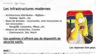 #ZeroTrust #Security #Compliance
Ce document est élaboré dans un esprit collaboratif de partage de connaissances et d’expériences de l’ISACA, Excelerate Systems et T&S Consulting. Utilisez le librement, mais n’oubliez pas de citer vos sources
Les infrastructures modernes
- Architectures distribuées « BigData »
- Hadoop, Spark… etc
- Bases de données « structurées, semi structurées et
non structurées »
- MangoDB, Cassandra, HBase…etc
- Moteurs de recherches, Crowler
- Elasticsearch, Solr, Nutch
Ces systèmes n’offrent pas de dispositifs de
sécurité natifs.
MAIS !
Les réponses font peur..
 
