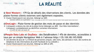 #ZeroTrust #Security #Compliance
Ce document est élaboré dans un esprit collaboratif de partage de connaissances et d’expériences de l’ISACA, Excelerate Systems et T&S Consulting. Utilisez le librement, mais n’oubliez pas de citer vos sources
@ Best Western : 179 Go de détails des réservations des clients. Les données des
plates-formes clients externes sont également exposées.
 Cluster Elasticsearch non sécurisé, hébergé sur AWS
• Comment définit-on le périmètre ? https://siliconangle.com/2019/10/21/customer-data-best-western-hotels-exposed-massive-data-breach/
@OneLogin : Plate-forme de gestion des mots de passe et des identités
 L'attaquant a obtenu les clés de la plate-forme hébergée sur AWS "d'un hôte intermédiaire".
L'attaquant a probablement pu déchiffrer certaines informations
• Il a suffit de voler une seule clé
https://www.zdnet.com/article/onelogin-security-chief-new-details-data-breach/
@People Data Labs et OxyData : des DataBrookers ! 4To de données, accessibles à
tous par un simple Navigateur Web à l’adresse http://35.1XX.X8.1X5:9200
 Les données de plus de 1,2 milliard de personnes uniques. (des noms, des adresses e-mail, des numéros de
téléphone et des informations de profil Facebook et/ou LinkedIn.)
 Cluster Elasticsearch non sécurisé, hébergé sur AWS et GPC
https://www.dataviper.io/blog/2019/pdl-data-exposure-billion-people/
LA RÉALITÉ
 