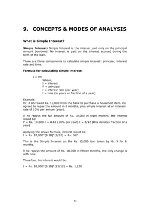 9. CONCEPTS & MODES OF ANALYSIS

What is Simple Interest?

Simple Interest: Simple Interest is the interest paid only on the principal
amount borrowed. No interest is paid on the interest accrued during the
term of the loan.

There are three components to calculate simple interest: principal, interest
rate and time.

Formula for calculating simple interest:

       I = Prt
                 Where,
                 I = interest
                 P = principal
                 r = interest rate (per year)
                 t = time (in years or fraction of a year)

Example:
Mr. X borrowed Rs. 10,000 from the bank to purchase a household item. He
agreed to repay the amount in 8 months, plus simple interest at an interest
rate of 10% per annum (year).

If he repays the full amount of Rs. 10,000 in eight months, the interest
would be:
P = Rs. 10,000 r = 0.10 (10% per year) t = 8/12 (this denotes fraction of a
year)

Applying the above formula, interest would be:
I = Rs. 10,000*(0.10)*(8/12) = Rs. 667.

This is the Simple Interest on the Rs. 10,000 loan taken by Mr. X for 8
months.

If he repays the amount of Rs. 10,000 in fifteen months, the only change is
with time.

Therefore, his interest would be:

I = Rs. 10,000*(0.10)*(15/12) = Rs. 1,250




                                         64
 
