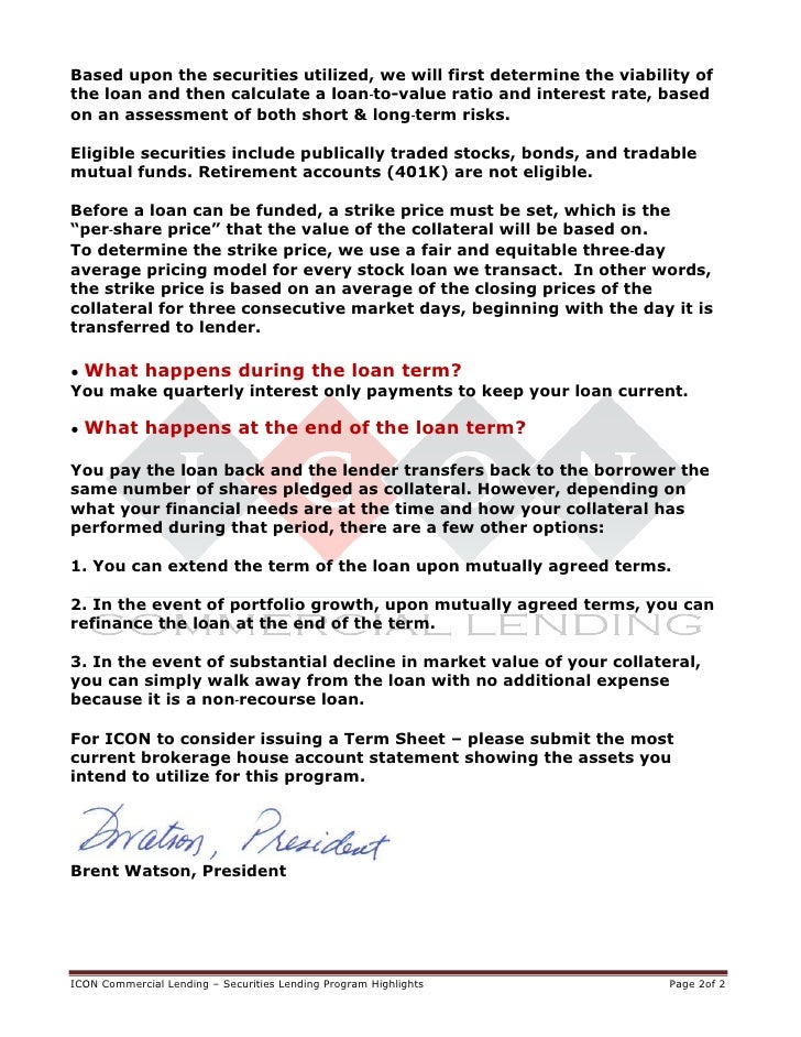 Securities Based Lending Program Highlights