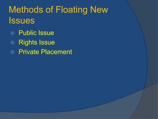 Methods of Floating New
Issues
 Public Issue
 Rights Issue
 Private Placement
 