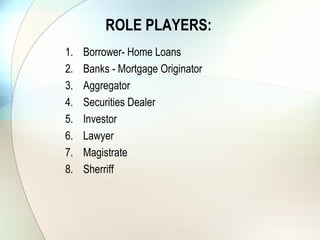 ROLE PLAYERS:
1. Borrower-
1. Home Loans
2. Motor Vehicle
3. Credit Cards, etc.,
2. Financiers:
1. Banks –
2. Mortgage Originators
3. Aggregator
4. Securities Dealer
5. Investor
6. Legal
1. Advocates
2. Lawyers
7. Judiciary
1. Judges
2. Magistrates
8. Sherriff
 