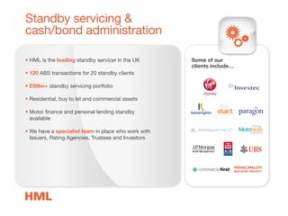 Standby servicing &
cash/bond administration
• HML is the leading standby servicer in the UK
• 120 ABS transactions for 20 standby clients
• £50bn+ standby servicing portfolio
• Residential, buy to let and commercial assets
• Motor finance and personal lending standby
available
• We have a specialist team in place who work with
Issuers, Rating Agencies, Trustees and Investors
Some of our
clients include…
 