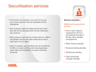 Securitisation services
Service includes...
RMBS and Covered Bond
standby:
• Hot or warm options
ranging from 48 hour
hot standby through to
90 day warm standby
arrangements
• Motor finance standby
• Personal lending standby
• Warehouse standby
• Cash bond/cash
manager standby
• In the event of invocation, you want to be sure
your usual customer service standards will be
maintained
• Your investors need the reassurance that funds
flow will not be disrupted and normal collections
can continue
• With a proven track record of client take-on, HML’s
full standby service provides reassurance that a
solid back up is in place
• Upon invocation, your portfolio can be transferred
to HML or remain at the current site depending
upon scale and complexity to ensure business
continuity
 