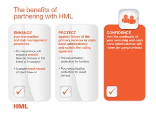 The benefits of
partnering with HML
PROTECT
against failure of the
primary servicer or cash
bond administrator,
and satisfy the rating
agencies
• Pre-securitisation
protection for funders
• Post-securitisation
protection for asset
owners
CONFIDENCE
that the continuity of
your servicing and cash
bond administrator will
never be compromised
ENHANCE
your transaction
and risk management
structures
• Our experience will
ensure a smooth
take-on process in the
event of invocation
• A proven track record
of client take-on
 