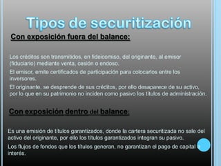 Con exposición fuera del balance:
Los créditos son transmitidos, en fideicomiso, del originante, al emisor
(fiduciario) mediante venta, cesión o endoso.

El emisor, emite certificados de participación para colocarlos entre los
inversores.
El originante, se desprende de sus créditos, por ello desaparece de su activo,
por lo que en su patrimonio no inciden como pasivo los títulos de administración.

Con exposición dentro del balance:
Es una emisión de títulos garantizados, donde la cartera securitizada no sale del
activo del originante, por ello los títulos garantizados integran su pasivo.
Los flujos de fondos que los títulos generan, no garantizan el pago de capital e
interés.

 