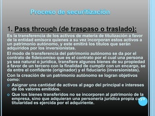 1. Pass through (de traspaso o traslado):
Es la transferencia de los activos de materia de titulización a favor
de la entidad emisora quienes a su vez incorporan estos activos a
un patrimonio autónomo, y este emitirá los títulos que serán
adquiridos por los inversionistas.
El modo de transferencia del patrimonio autónomo se da por el
contrato de fideicomiso que es el contrato por el cual una persona
ya sea natural o jurídica, transfiere algunos bienes de su propiedad
a favor de un tercero con la finalidad de cumplir con un encargo, se
da entre el confidente (originador) y el fiduciario (inversionistas).
Con la creación de un patrimonio autónomo se logran objetivos
como:
 Asignar una cantidad de activos al pago del principal e intereses
de los valores emitidos.
 Que los bienes transferidos no se incorporen al patrimonio de la
empresa, sino que adquieran una personería jurídica propia cuya
titularidad es ejercida por el adquiriente.

 