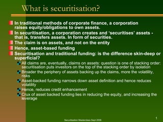 What is securitisation? ,[object Object],[object Object],[object Object],[object Object],[object Object],[object Object],[object Object],[object Object],[object Object],[object Object],Securitisation Masterclass Sept 2006 