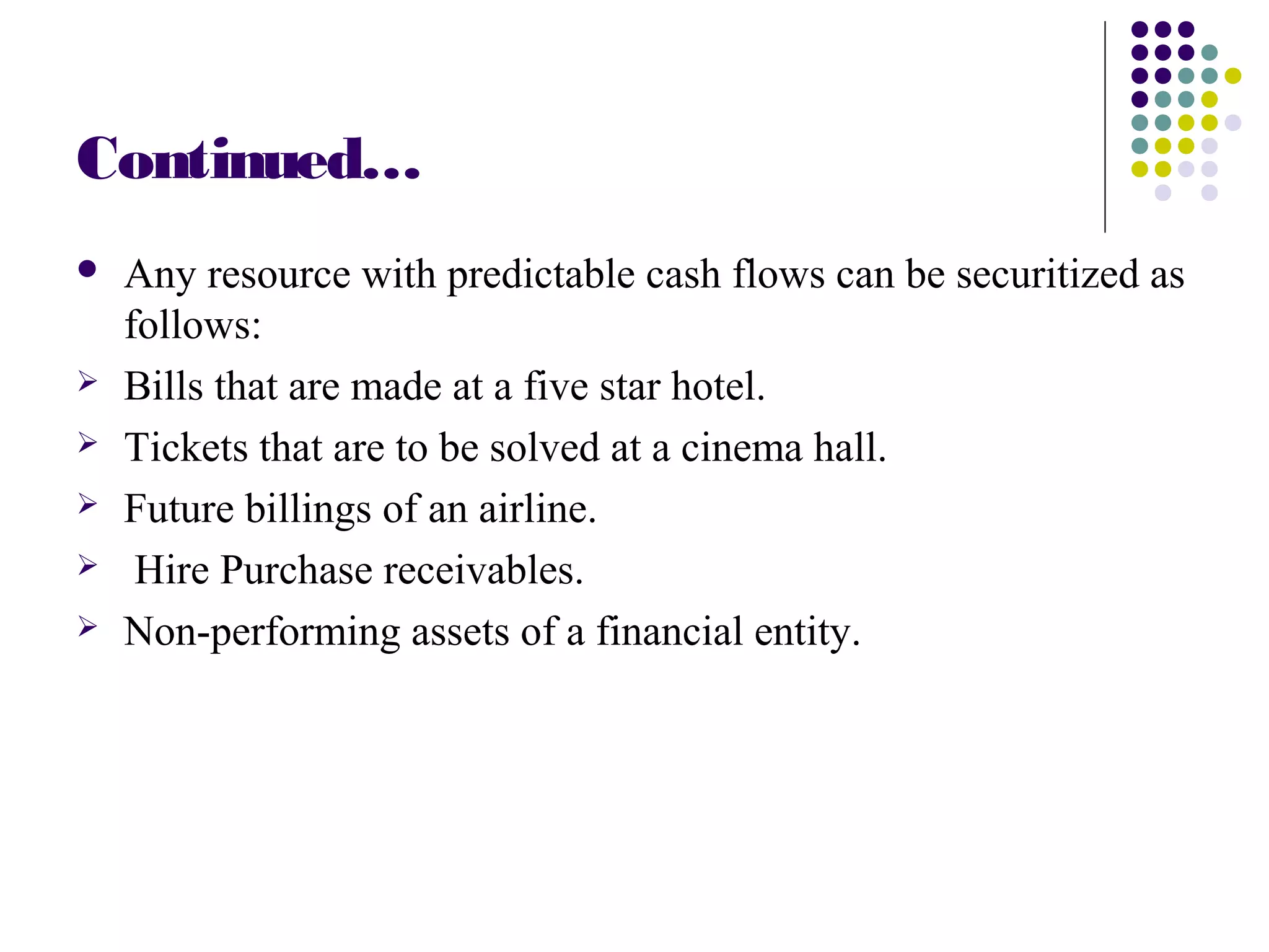 Continued…
 Any resource with predictable cash flows can be securitized as
follows:
 Bills that are made at a five star hotel.
 Tickets that are to be solved at a cinema hall.
 Future billings of an airline.
 Hire Purchase receivables.
 Non-performing assets of a financial entity.
 