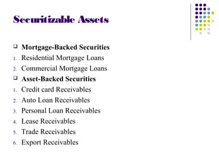 Securitizable Assets
 Mortgage-Backed Securities
1. Residential Mortgage Loans
2. Commercial Mortgage Loans
 Asset-Backed Securities
1. Credit card Receivables
2. Auto Loan Receivables
3. Personal Loan Receivables
4. Lease Receivables
5. Trade Receivables
6. Export Receivables
 
