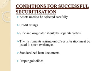 CONDITIONS FOR SUCCESSFUL
SECURITISATION
 Assets need to be selected carefully
 Credit ratings
 SPV and originator should be separateparties
 The instruments arising out of securitisationmust be
listed in stock exchanges
 Standardized loan documents
 Proper guidelines
 