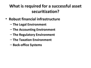 What is required for a successful asset
securitization?
• Robust financial infrastructure
– The Legal Environment
– The Accounting Environment
– The Regulatory Environment
– The Taxation Environment
– Back-office Systems
 