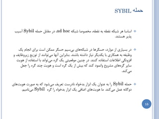 ‫‪SYBIL‬‬           ‫حولَ‬

 ‫اسبسب ّط ضجىِ ًمغِ ثِ ًمغِ، هرػَغب ضجىِ ‪ ،ad hoc‬زض همبثل حولِ ‪ Sybil‬آسیت‬                ‫‪‬‬
                                                              ‫پصیط ّستٌس.‬


   ‫زض ثسیبضی اظ هَاضز، حسگطّب زض ضجىِّبی ثیسین حسگط هوىي است ثطای اًدبم یه‬               ‫‪‬‬
‫ٍظیفِ ثِ ّوىبضی ثب یىسیگط ًیبظ زاضتِ ثبضٌس. ثٌبثطایي آًْب هیتَاًٌس اظ تَظیغ ظیطٍظبیف ٍ‬
  ‫افعًٍگی اعالػبت استفبزُ وٌٌس. زض چٌیي هَلؼیتی یه گطُ هیتَاًس ثب استفبزُ اظ َّیت‬
    ‫سبیط گطُّبی هططٍع ٍاًوَز وٌس وِ ثیص اظ یه گطُ است ٍ َّیت چٌس گطُ ضا خؼل‬
                                                                               ‫هیوٌس.‬


‫حولِ ‪ Sybil‬ضا ثِ ػٌَاى یه اثعاض ثسذَاُ ًبزضست تؼطیف هیضَز وِ ثِ غَضت َّیتّبی‬             ‫‪‬‬
     ‫زٍگبًِ ػول هیوٌس. هب َّیتّبی اضبفی یه اثعاض ثسذَاُ ضا گطُ ‪ Sybil‬هیًبهین.‬


                                                                                                ‫51‬
 