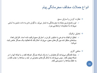 ‫اًْاع حوالت هخالف هحزهاًگی پیام‬

                                                           ‫ًظبضت وطزى ٍ استطاق سوغ‬      ‫‪‬‬

 ‫‪ ‬ایي ّاضح تزیي حولَ تَ هحزهاًگی تَ ػوار هیآیذ. تا گْع دادى تَ دادٍ، دػوي تَ آطاًی‬
                                                  ‫هیتْاًذ تَ هحتْیات ارتثاط پی تثزد.‬


                                                                        ‫تحلیل تطافیه‬    ‫‪‬‬

    ‫‪ ‬تحلیل تزافیک تَ ًْػی تا هاًیتْر کزدى ّ اطتزاق طوغ تزکیة ػذٍ اطت. افشایغ تؼذاد‬
‫تظتَُای هٌتقل ػذٍ تیي گزٍُای هؼیي، هیتْاًذ اػالم کٌذ کَ فؼالیت یک حظگز خاؽ ثثت‬
                                                                          ‫هیػْد‬


                                                                          ‫هرفی وبضی‬     ‫‪‬‬

‫‪ ‬حولَ کٌٌذگاى هیتْاًٌذ گزٍُایؼاى را تَ یک ػثکَ حظگز اضافَ کٌٌذ ّ یا ایٌکَ آًِا را در‬
‫ػثکَ پٌِاى کٌٌذ. طپض هیتْاًٌذ تَ ػکل گزٍُای هؼوْلی در آیٌذ ّ تظتَُا را جذب کٌٌذ ّ‬
                                                     ‫تَ غلط تظتَُا را هظیزیاتی کٌٌذ.‬
                                                                                            ‫32‬
 