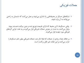 ‫حوالت فیشیکی‬


‫ضجىِّبی حسگط زض هحیظّبیی ضاُ اًساظی هیضًَس ٍ ػول هیوٌٌس وِ زضوٌبى ثِ ضاحتی‬        ‫‪‬‬
                                                      ‫هیتَاًٌس ثِ آى ٍاضز ضًَس.‬


  ‫ٍلتی حسگطّب ثب ایي هحیظ وِ زاضای عجیؼت تَظیغ ضسُ ٍ ثسٍى هطالجت ّستٌس پیًَس‬      ‫‪‬‬
‫ثطلطاض هیوٌٌس، ثِ ضست زض هؼطؼ حوالت فیعیىی لطاض هیگیطًس ٍ ثِ ػلت ذطاثی گطُّبی‬
                                                ‫فیعیىی هَضز تْسیس لطاض هیگیطًس.‬


  ‫ثط ذالف تؼساز ظیبزی اظ حوالت وِ لجال شوط ضس، حوالت فیعیىی ثغَض زائن حسگطّب ضا‬   ‫‪‬‬
                                  ‫ذطاة هیوٌٌس ٍ ایي تلفبت غیط لبثل ثطگطت است.‬




                                                                                      ‫42‬
 