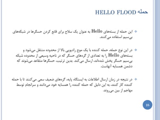 ‫حولَ ‪HELLO FLOOD‬‬


‫ایي حولِ اظ ثستِّبی ‪ Hello‬ثِ ػٌَاى یه سالح ثطای لبًغ وطزى حسگطّب زض ضجىِّبی‬         ‫‪‬‬
                                                      ‫ثیسین استفبزُ هیوٌٌس.‬

       ‫زض ایي ًَع حولِ، حولِ وٌٌسُ ثب یه هَج ضازیَیی ثبال اظ هحسٍزُ هٌتمل هیضَز ٍ‬   ‫‪‬‬
  ‫ثستِّبی ‪ Hello‬ضا ثِ تؼسازی اظ گطُّبی حسگط وِ زض ًبحیِ ٍسیؼی اظ هحسٍزُ ضجىِ‬
   ‫ثیسین حسگط پرص ضسُاًس، اضسبل هیوٌس. ثسیي تطتیت، حسگطّب هتمبػس هیضًَس وِ‬
                                                            ‫زضوي ّوسبیِ آًْبست.‬

‫زض ًتیدِ زض ظهبى اضسبل اعالػبت ثِ ایستگبُ پبیِ، گطُّبی ضؼیف سؼی هیوٌٌس تب ثب حولِ‬   ‫‪‬‬
   ‫وٌٌسُ وبض وٌٌس، ثِ ایي زلیل وِ حولِ وٌٌسُ ضا ّوسبیِ ذَز هیزاًٌس ٍ سطاًدبم تَسظ‬
                                                             ‫هْبخن اظ ثیي هیضًٍس.‬


                                                                                        ‫52‬
 