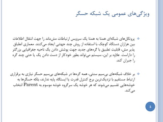 ‫ٍیژگیّبی ػوَهی یه ضجىِ حسگط‬


 ‫پطٍتىلّبی ضجىِای ّوتب ثِ ّوتب یه سطٍیس اضتجبعبت هصهبًس ضا خْت اًتمبل اعالػبت‬          ‫‪‬‬
  ‫ثیي ّعاضاى زستگبُ وَچه ثب استفبزُ اظ ضٍش چٌس خْطی ایدبز هیوٌٌس. هؼوبضی اًغجبق‬
 ‫پصیط هص، لبثلیت تغجیك ثب گطُّبی خسیس خْت پَضص زازى یه ًبحیِ خغطافیبیی ثعضگتط‬
 ‫ضا زاضاست. ػالٍُ ثط ایي، سیستن هیتَاًس ثغَض ذَزوبض اظ زست زازى یه یب حتی چٌس گطُ‬
                                                                   ‫ضا خجطاى وٌس.‬


‫ثط ذالف ضجىِّبی ثیسین سٌتی، ّوِ گطُّب زض ضجىِّبی ثیسین حسگط ًیبظی ثِ ثطلطاضی‬           ‫‪‬‬
    ‫اضتجبط هستمین ثب ًعزیهتطیي ثطج وٌتطل لسضت یب ایستگبُ پبیِ ًساضًس، ثلىِ حسگطّب ثِ‬
 ‫ذَضِّبیی تمسین هیضًَس وِ ّط ذَضِ یه سطگطٍُ ذَضِ هَسَم ثِ ‪ Parent‬اًتربة‬
                                                                             ‫هیوٌس.‬


                                                                                           ‫5‬
 