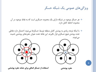‫ٍیژگیّبی ػوَهی یه ضجىِ حسگط‬

  ‫ّط حسگط هَخَز زض ضجىِ زاضای یه هحسٍزُ حسگطی است وِ ثِ ًمبط هَخَز زض آى‬      ‫‪‬‬
                                                   ‫هحسٍزُ احبعِ وبهل زاضز.‬


‫ثب ایٌىِ تَخِ ظیبزی ثِ پَضص وبهل هٌغمِ تَسظ حسگطّب هیضَز، احتوبل زاضز ًمبعی‬   ‫‪‬‬
 ‫تحت پَضص ّیچ حسگطی لطاض ًگیطًس. ایي ًمبط تحت ػٌَاى حفطُّبی پَضطی ًبهیسُ‬
                                                                 ‫هیضًَس.‬




                                                                                  ‫6‬

‫استفاده اس حسگز اضافی بزای حذف حفزه پوششی‬              ‫حفزه پوششی‬
 