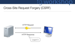 fg.workshop
Cross-Site Request Forgery (CSRF)




             HTTP Request




            HTTP Response

                       Logged in
 