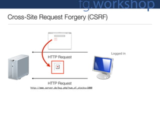 fg.workshop
Cross-Site Request Forgery (CSRF)




                                                         Logged in
                    HTTP Request




                    HTTP Request
       http://www.server.de/buy.php?num_of_stocks=1000
 
