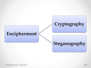 Encipherment
Cryptography
Steganography
System Security - Introduction 42
 