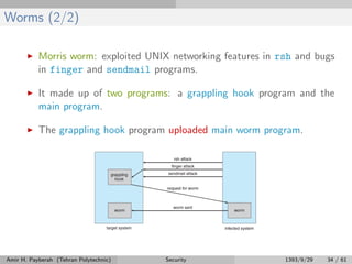 Worms (2/2)
Morris worm: exploited UNIX networking features in rsh and bugs
in finger and sendmail programs.
It made up of two programs: a grappling hook program and the
main program.
The grappling hook program uploaded main worm program.
Amir H. Payberah (Tehran Polytechnic) Security 1393/9/29 34 / 61
 