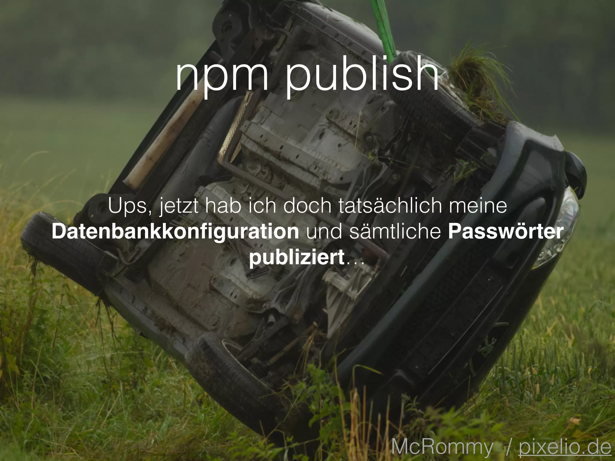 npm publish
Ups, jetzt hab ich doch tatsächlich meine
Datenbankkonﬁguration und sämtliche Passwörter
publiziert…
McRommy / pixelio.de
 