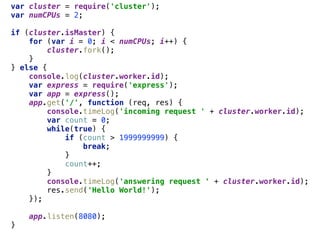 var cluster = require('cluster'); 
var numCPUs = 2; 
 
if (cluster.isMaster) { 
for (var i = 0; i < numCPUs; i++) { 
cluster.fork(); 
} 
} else { 
console.log(cluster.worker.id); 
var express = require('express'); 
var app = express(); 
app.get('/', function (req, res) { 
console.timeLog('incoming request ' + cluster.worker.id); 
var count = 0; 
while(true) { 
if (count > 1999999999) { 
break; 
} 
count++; 
} 
console.timeLog('answering request ' + cluster.worker.id); 
res.send('Hello World!'); 
}); 
 
app.listen(8080); 
}
 