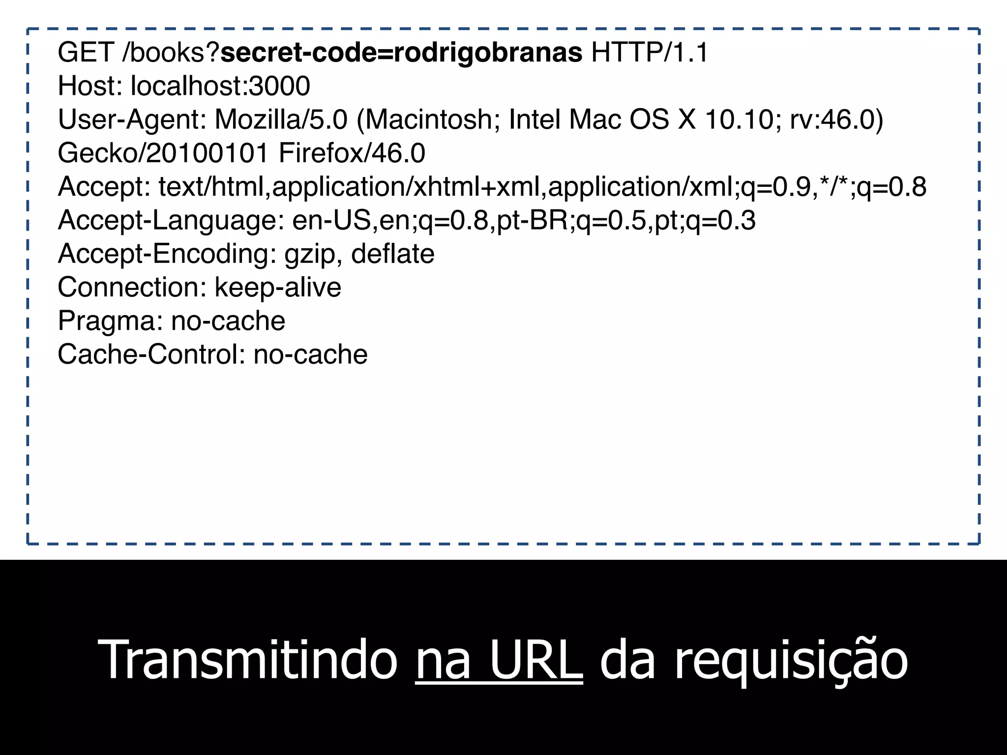 Transmitindo na URL da requisição
GET /books?secret-code=rodrigobranas HTTP/1.1
Host: localhost:3000
User-Agent: Mozilla/5.0 (Macintosh; Intel Mac OS X 10.10; rv:46.0)
Gecko/20100101 Firefox/46.0
Accept: text/html,application/xhtml+xml,application/xml;q=0.9,*/*;q=0.8
Accept-Language: en-US,en;q=0.8,pt-BR;q=0.5,pt;q=0.3
Accept-Encoding: gzip, deflate
Connection: keep-alive
Pragma: no-cache
Cache-Control: no-cache
 