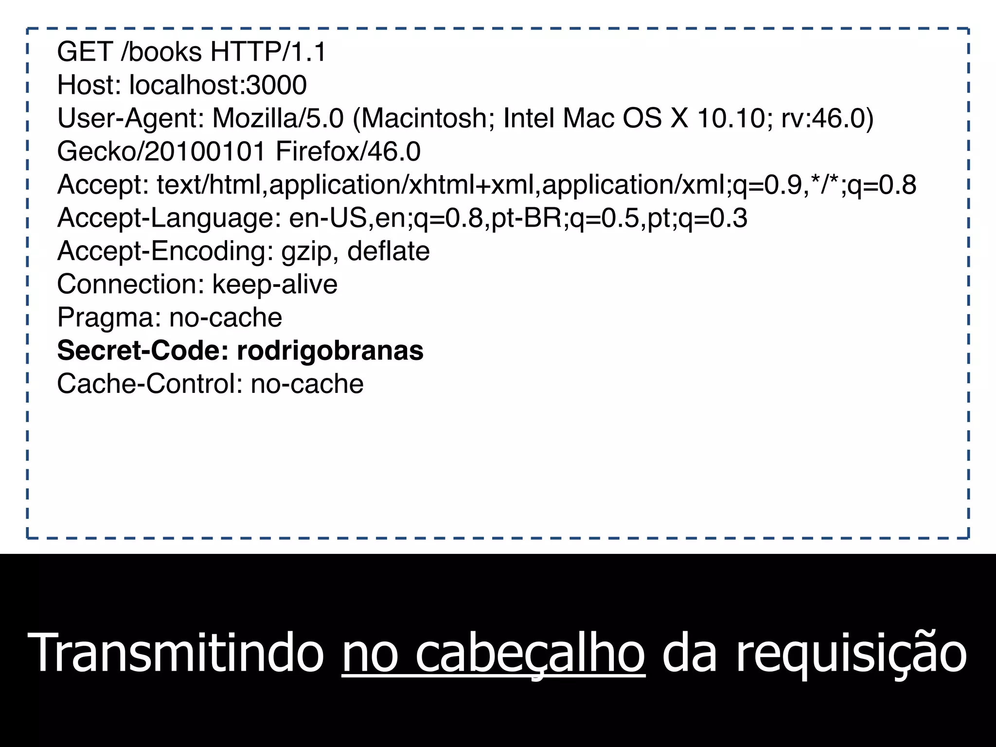 Transmitindo no cabeçalho da requisição
GET /books HTTP/1.1
Host: localhost:3000
User-Agent: Mozilla/5.0 (Macintosh; Intel Mac OS X 10.10; rv:46.0)
Gecko/20100101 Firefox/46.0
Accept: text/html,application/xhtml+xml,application/xml;q=0.9,*/*;q=0.8
Accept-Language: en-US,en;q=0.8,pt-BR;q=0.5,pt;q=0.3
Accept-Encoding: gzip, deflate
Connection: keep-alive
Pragma: no-cache
Secret-Code: rodrigobranas
Cache-Control: no-cache
 