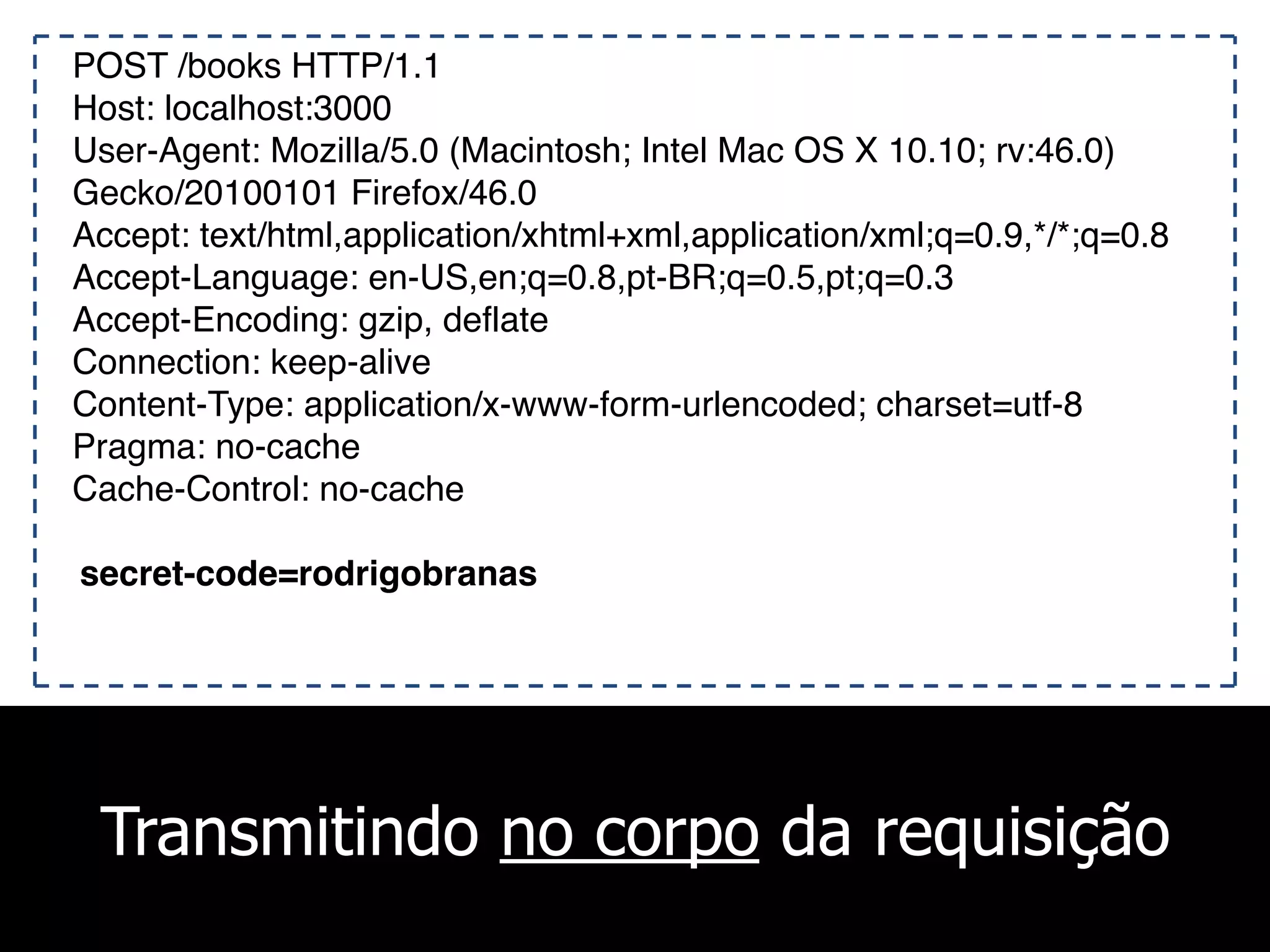 Transmitindo no corpo da requisição
POST /books HTTP/1.1
Host: localhost:3000
User-Agent: Mozilla/5.0 (Macintosh; Intel Mac OS X 10.10; rv:46.0)
Gecko/20100101 Firefox/46.0
Accept: text/html,application/xhtml+xml,application/xml;q=0.9,*/*;q=0.8
Accept-Language: en-US,en;q=0.8,pt-BR;q=0.5,pt;q=0.3
Accept-Encoding: gzip, deflate
Connection: keep-alive
Content-Type: application/x-www-form-urlencoded; charset=utf-8
Pragma: no-cache
Cache-Control: no-cache
secret-code=rodrigobranas
 