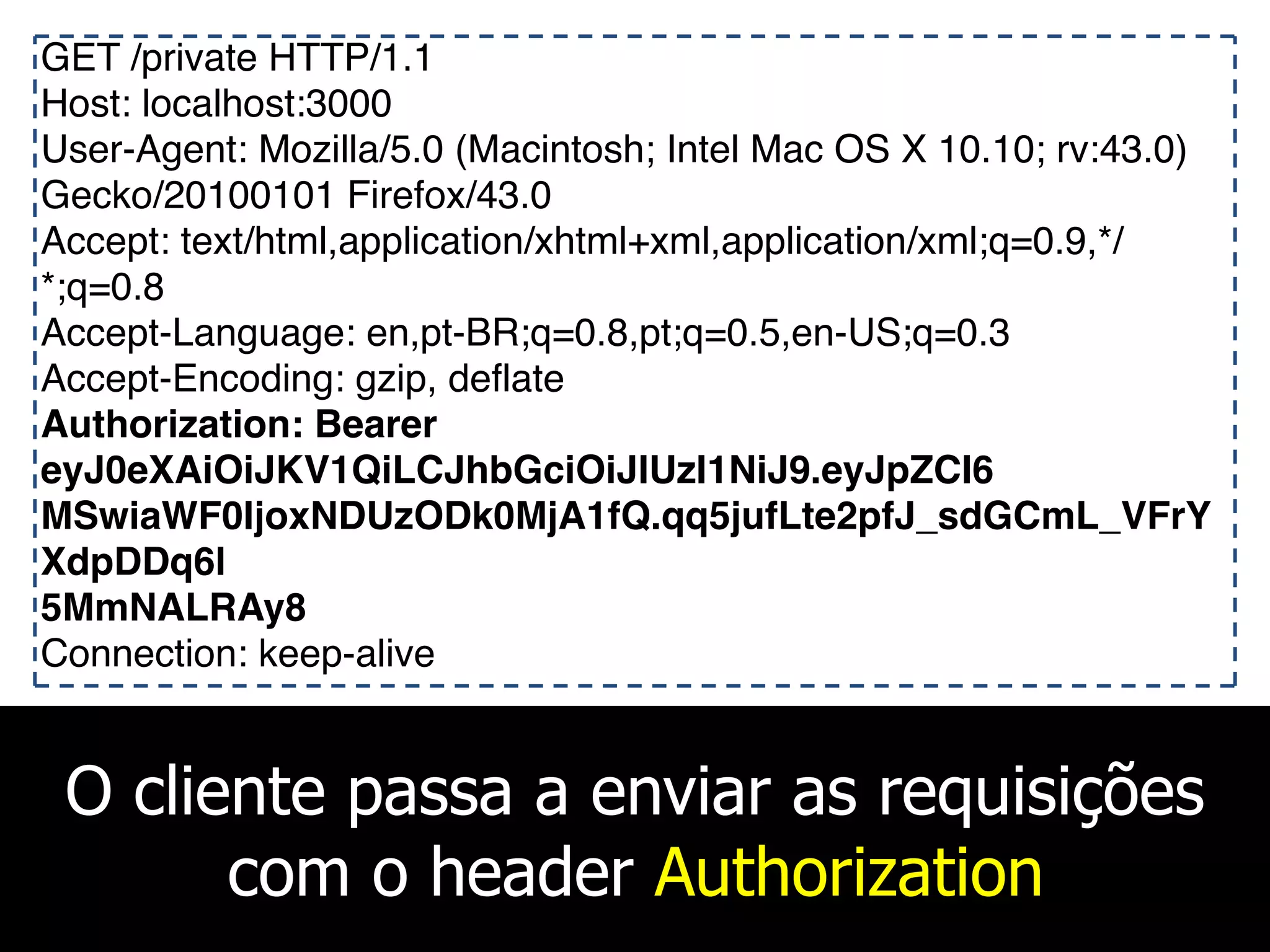 O cliente passa a enviar as requisições
com o header Authorization
GET /private HTTP/1.1
Host: localhost:3000
User-Agent: Mozilla/5.0 (Macintosh; Intel Mac OS X 10.10; rv:43.0)
Gecko/20100101 Firefox/43.0
Accept: text/html,application/xhtml+xml,application/xml;q=0.9,*/
*;q=0.8
Accept-Language: en,pt-BR;q=0.8,pt;q=0.5,en-US;q=0.3
Accept-Encoding: gzip, deflate
Authorization: Bearer
eyJ0eXAiOiJKV1QiLCJhbGciOiJIUzI1NiJ9.eyJpZCI6
MSwiaWF0IjoxNDUzODk0MjA1fQ.qq5jufLte2pfJ_sdGCmL_VFrY
XdpDDq6l
5MmNALRAy8
Connection: keep-alive
 