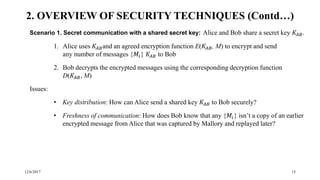 12/6/2017 15
Scenario 1. Secret communication with a shared secret key: Alice and Bob share a secret key 𝐾𝐴𝐵.
1. Alice uses 𝐾𝐴𝐵and an agreed encryption function E(𝐾𝐴𝐵, M) to encrypt and send
any number of messages {𝑀𝑖} 𝐾𝐴𝐵 to Bob
2. Bob decrypts the encrypted messages using the corresponding decryption function
D(𝐾𝐴𝐵, M)
Issues:
• Key distribution: How can Alice send a shared key 𝐾𝐴𝐵 to Bob securely?
• Freshness of communication: How does Bob know that any {𝑀𝑖} isn’t a copy of an earlier
encrypted message from Alice that was captured by Mallory and replayed later?
2. OVERVIEW OF SECURITY TECHNIQUES (Contd…)
 