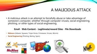 A MALICIOUS ATTACK
• A malicious attack is an attempt to forcefully abuse or take advantage of
someone's computer, whether through computer viruses, social engineering,
phishing, or other types of social engineering.
Email - Web Content – Legitimate/reward Sites - File Downloads
• Malware (Adware, Spyware, Trojan Horse, Crimeware, Viruses, Worms)
• Social Engineering (Phishing, Baiting, Spam)
 