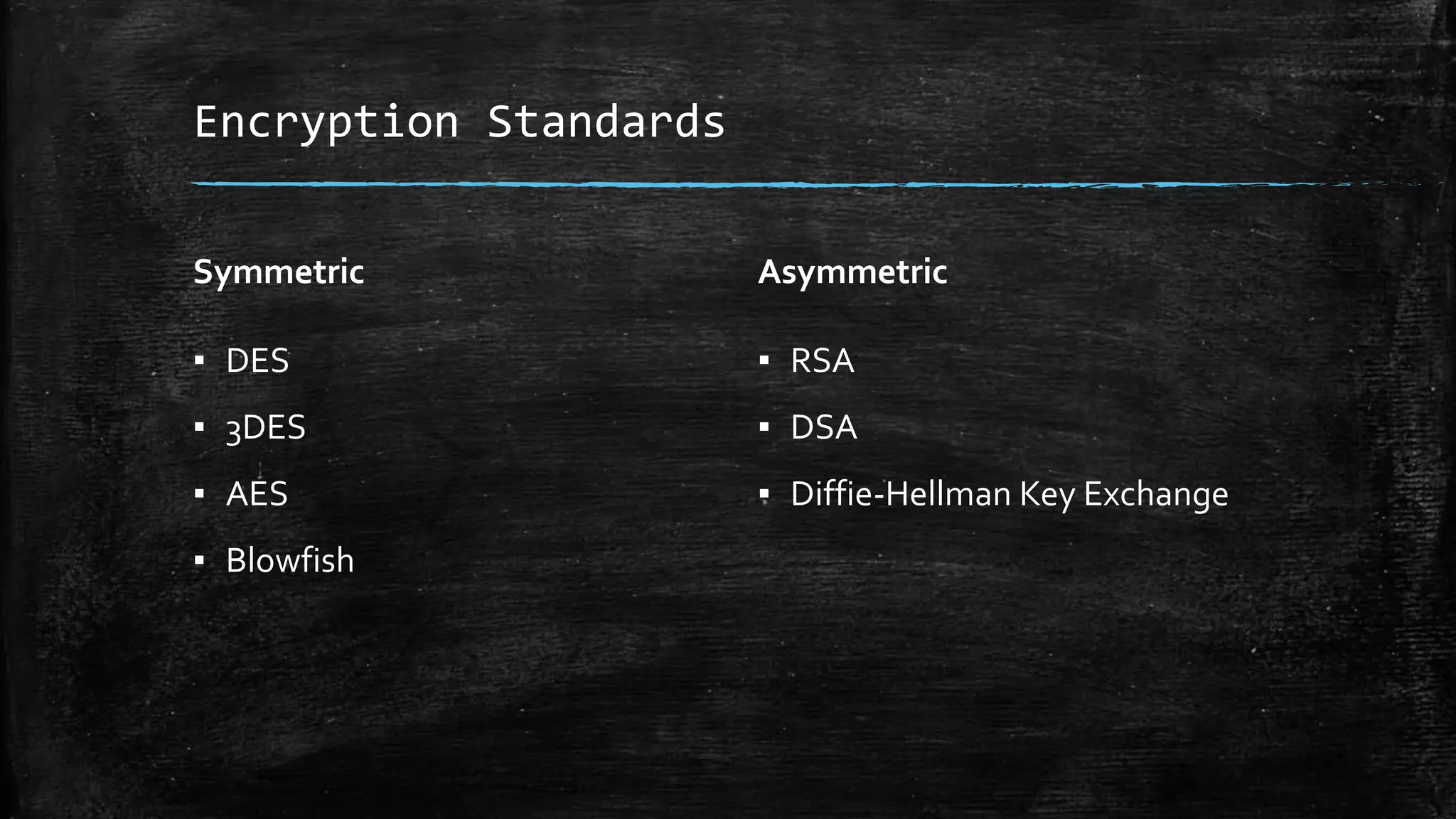 Encryption Standards
Symmetric
▪ DES
▪ 3DES
▪ AES
▪ Blowfish
Asymmetric
▪ RSA
▪ DSA
▪ Diffie-Hellman Key Exchange
 
